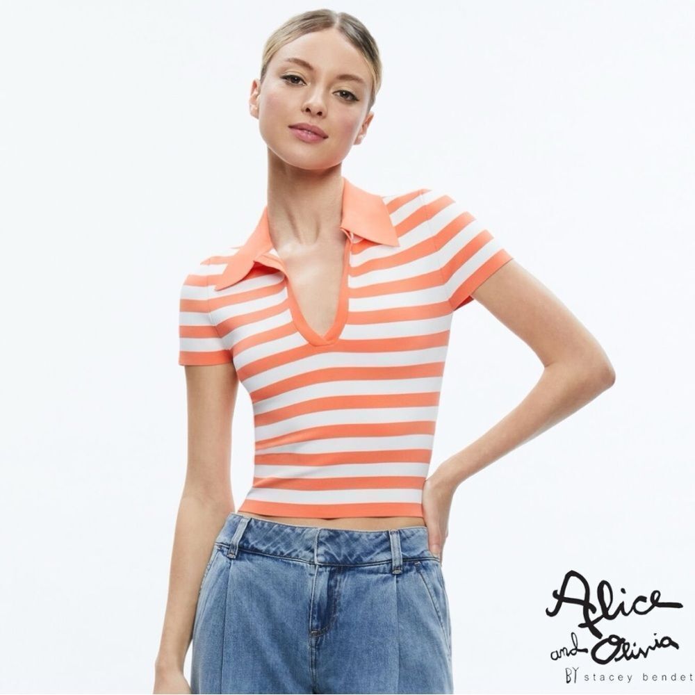Alice + Olivia **NWT** Martha Striped Polo Orange Coral / Soft White
